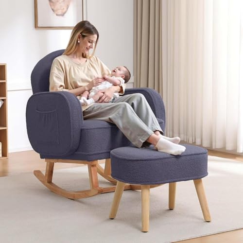 Image of HCHAIRH Nursery Rocking Chair with Footrest, Upholstered Glider Rocker with High Backrest and Side Pocket, Rocking Accent Armchair with Solid Wood Legs for Nursery, Living Room, Bedroom Dark Grey
