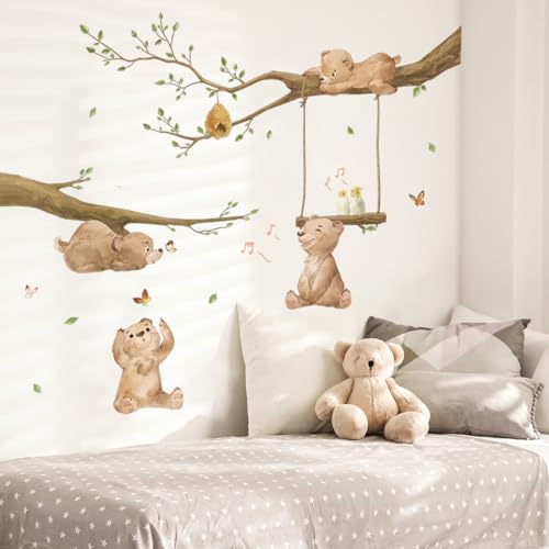 Image of Runtoo Bear Wall Stickers Woodland Animal Tree Branch Wall Decals for Kids Bedroom Baby Nursery Home Decor