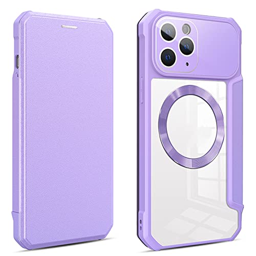 Housse cuir iPhone 11 violette avec fente de carte et charge sans fil magnétique