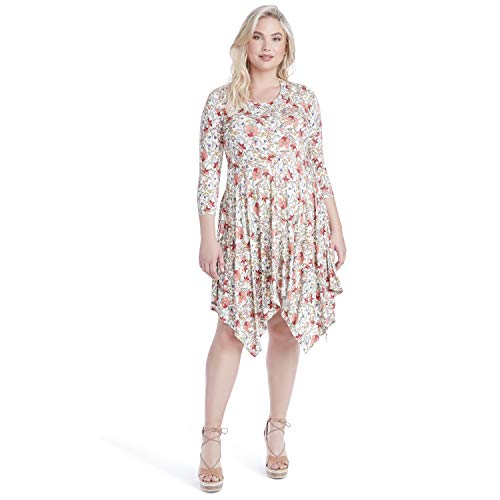 Jessica Simpson Women's Plus Size Kaelin 3/4 Sleeve Handkerchief Hem Dress, Gardenia/Multi Floral, 2X