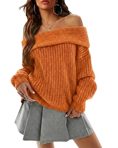 Image of Womens Off The Shoulder Sweater Fall Knitted Pullover Tops | Oversized Long Sleeve Loose Ribbed Knit Clothes, Sexy Elegant Going Out Tops, Cute Baggy Winter Outfits