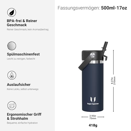 Sparrow Kinder Trinkflasche Edelstahl 500ml Thermosflasche mit Strohhalm – Ansicht 3