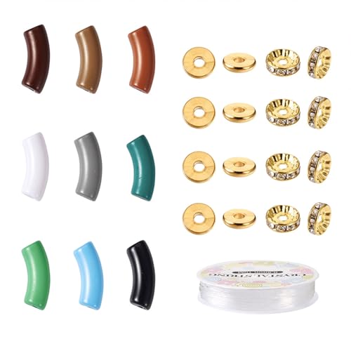 Spritewelry 100pcs Acrylic Chunky Tube Beads for Bracelets with Brass Rhinestone Spacer Beads Elastic Crystal Thread Opaque Curved Tube Beads Acrylic Bangle Bamboo Beads for Jewelry Making