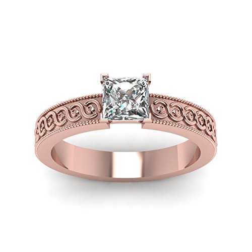 Image of 55Carat Choose Your Gemstone Engraved Milgrain Solitaire Ring Rose Gold Plated Princess Shape Solitaire Engagement Rings Matching Jewelry Wedding Jewelry Easy to Wear Gifts US Size 4 to 12