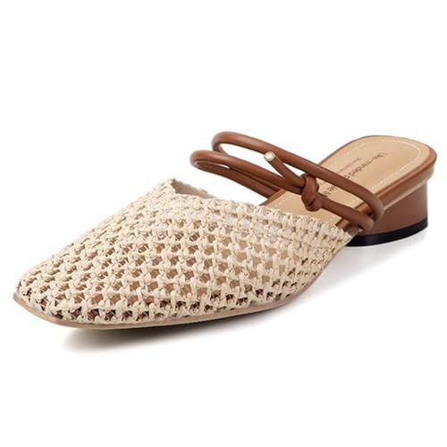 Women's Woven Low Block Heel Mules Square Closed Toe Slip On Backless Braided Heeled Sandals Dressy Summer Sandals