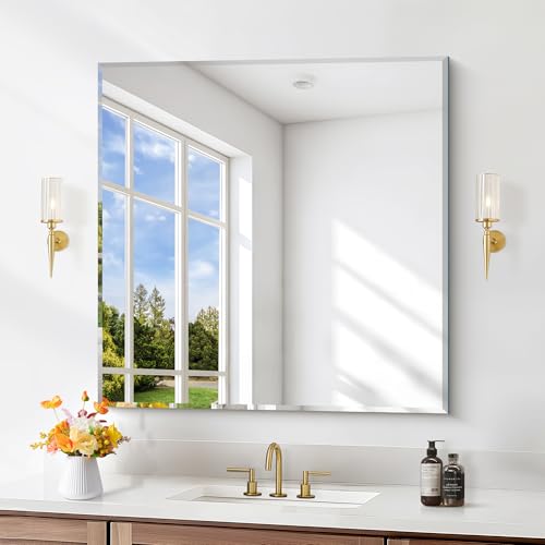 BONEWEI Frameless Bathroom Mirror 30x30 Inches, Beveled Edge Square Wall Mirror for Bathroom, Living Room, Bedroom, Entryway by BONEWEI - Used condition - CA$119.22