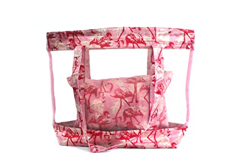 Bolsa de praia feminina Transparente de pvc com estampa e zíper + Nécessaire Cor: Rosa