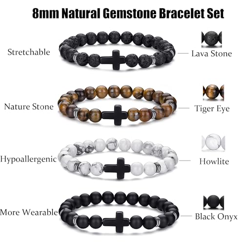 RANKEEF Tiger Eye Bracelet For Men 8MM Natural Stone Beads Bracelet Set Stretch Lava Rock Bracelets Adjustable Black Crystal Beaded Bracelet for Men Women Gifts