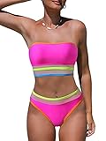 Hilinker Women's High Waisted Bandeau Bikini Set Strapless Sheer Mesh Patchwork 2 Piece Swimsuit Hot