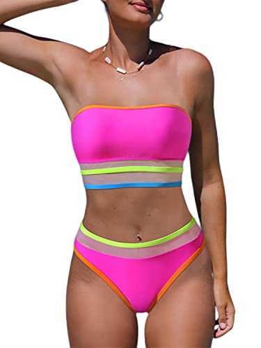 Hilinker Women's High Waisted Bandeau Bikini Set Strapless Sheer Mesh Patchwork 2 Piece Swimsuit Hot Pink Medium #TOP21