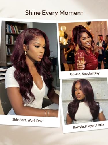 Image of Beauty Forever Bye Bye Knots Black Cherry Loose Body Wave Glueless Wigs Human Hair Pre Plucked Pre Cut 7x5 Lace Front Drawstring Wig with Face Framing Layers Put on and Go Wig 180% Density 18inch