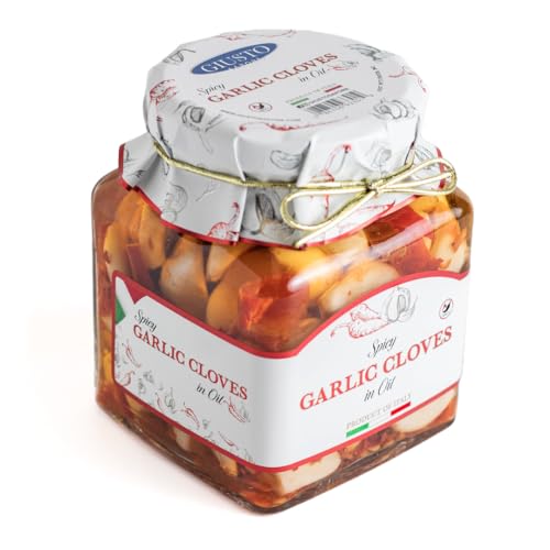 Giusto Sapore Antipasto, Spicy Garlic Cloves in Oil - Non GMO Italian Premium Gourmet Brand - Imported from Italy and Family Owned - 10.23oz