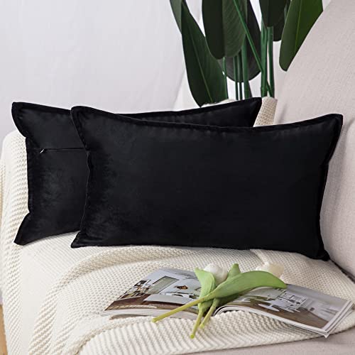 Madizz Pack of 2 Super Soft Velvet Decorative Cushion Covers with Fringe Luxury Style Cushion Case Pillow Shell for Sofa Bedroom Black 12x20 inch, 30x50 cm Rectangular