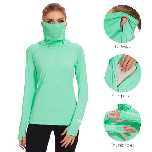 BASSDASH Moletom feminino com capuz com proteção solar FPS 50+ com máscara facial, polaina, manga co