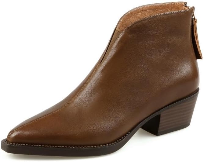 TinaCus Women's Genuine Leather Handmade Pointed Toe V-Cut Back Zipper Low Chunky Heel Wstern Ankle Boots