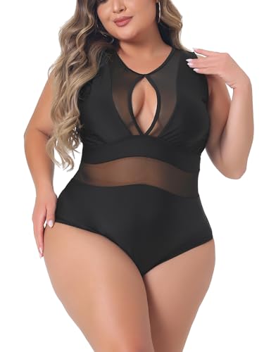 Agnes Orinda Plus Size 1 Piece Swimsuit for Women Mesh Bathing Suits Open Back Tie Plunge Swimwear