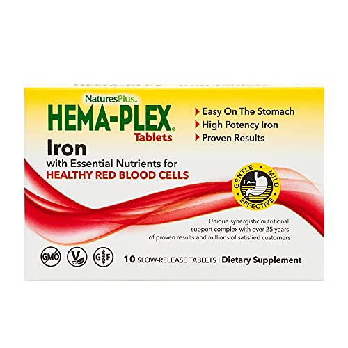 Image of Natures Plus Hema-Plex Iron - 10 Slow-Release Tablets - 85 mg Chelated Iron - Total Blood Health - with Vitamin C & Bioflavonoids - Vegan, Gluten Free - 10 Servings