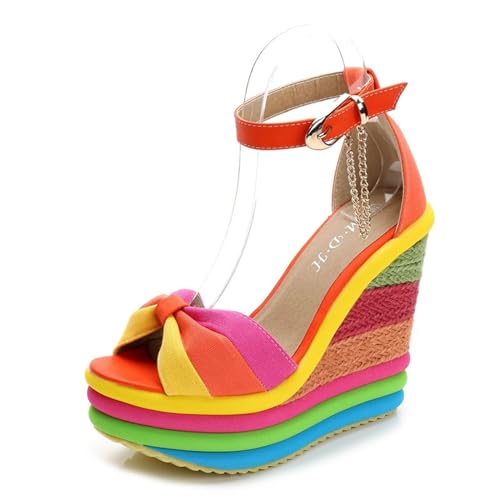 Women Straw Super High Heel Rainbow Sandals,Fish Mouth Wedge Roman Y2K Sandal,Adjustable Ankle Strap Espadrilles Platform Candy Color Party Dress Shoes