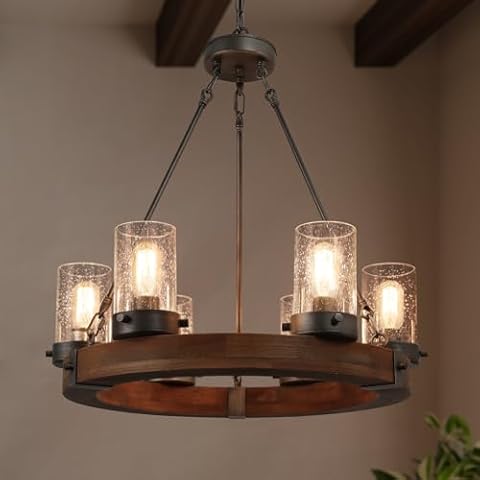 LALUZ Farmhouse Chandelier, Wood Wagon Wheel 6-Light Chandelier with Seeded Glass Shade for Dining Room, Living Room, Bedroom, and Foyer Cover