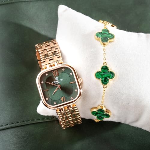 Carlton London Women Green Dial Watch and Bracelet | Stainless Steel, Premium, Stylish Analog Wrist Watch with Golden Strap & Bracelet Set, Elegant Quartz Timepiece | Water Resistant | Luxury Square Watch Gift Set