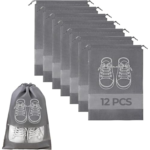AMERTEER 12-Pack large Travel Shoe Bags | Transparent Shoe Organizers Pouch | Waterproof Shoes Bag for Gym Travel Drawstring Large Capacity Shoe Packing Bags 35x45cm For Men Women (Grey)