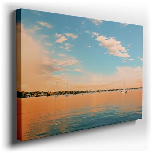 Canvas for Living room. Sunset Serenity: Boats Adrift in a Sea of Orange Bliss, 27 x 18 inch Canvas Wall Art - Beach Sunsets And Sunrises - Modern Home Decor - 130x86 cm (51x34 inch)