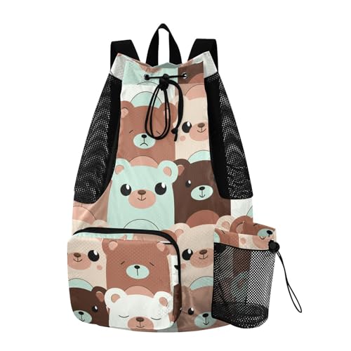 Cartoon Bear Head Teal Drawstring Gym Backpack for Men Women Pull String Sports Swim Bag with Mesh Pocket & Adjustable Strap Soccer Bag for Travel Outdoor Swimming