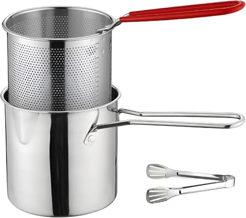 Vinebeautiful天ぷら鍋 ミニ フライパン 油切りざる付き トング付き 304ステンレス鋼料理鍋 お手入れ簡単油を節約家庭用揚げ物用 料理鍋 深型ィープフライヤー非塗装 IH 直火対応 家庭用 業務用 調理器具 蓋付き (フライヤー&オイルフィル