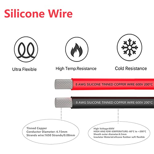 Gruiqrd 8 Gauge Silicone Wire 16.4 Feet（8.2 Feet Black and 8.2 Feet Red) Soft and Flexible Low Impedance,8 AWG Silicone Wire 1650 Strands of 0.08 mm Copper Wire for RC Car, Drone, Airplane Battery etc