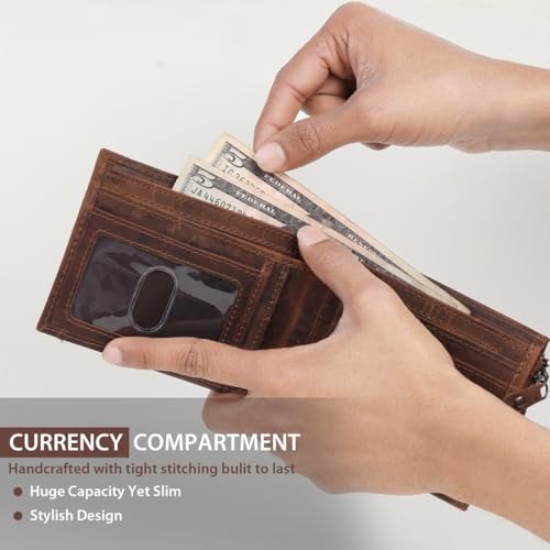 Vintage Leather Bifold Wallet for Men, Brown Distressed Leather, Slim Front Pocket Design with Snap Closure, RFID Protected4