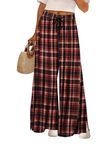 YESNO Women's Wide Leg Woolen Pants Fall Elastic High Waist Casual Palazzo Trousers with Pockets and Side Split PW0