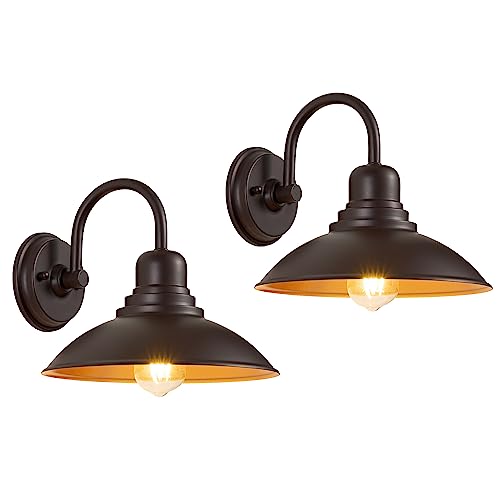 Image of GOLDHILL 10.5 inch Bronze Gooseneck Metal Outdoor Barn Light 2-Pack, Powder Coated Anti-Rust Farmhouse Exterior Wall Sconce with Gold Interior, Wet Location Rated for Porch, Garage, Bathroom Vanity