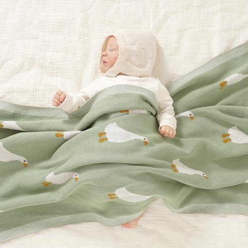 Image of mimixiong Baby Blanket Knit Receiving Boys Girls Blanket Soft Cotton Neutral Blanke for Swaddle Crib Stroller with Cute Sheep (Goose-Sage Green, 30x40 Inch (Pack of 1))