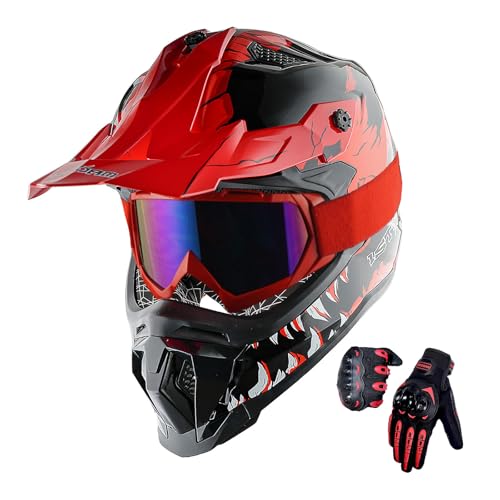 1Storm Adult Motocross Helmet ATV Dirt Bike BMX MX Downhill Mountain Helmet Track Style JH601; Dinosaur Red + Goggles + Skeleton Red Glove Bundle