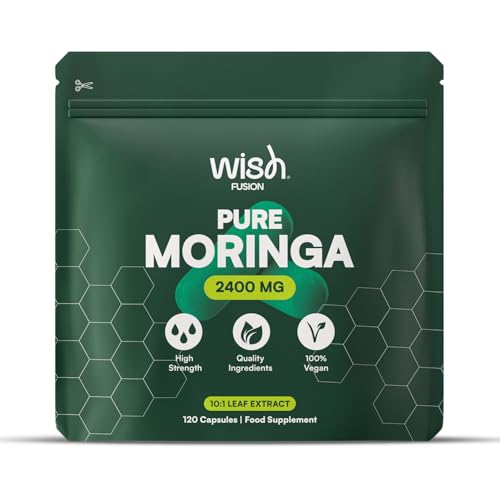 Wish Fusion Organic Moringa Capsules 2400mg, High Strength Pure Moringa Oleifera Leaf Powder, Rich in Antioxidants, Iron & Vitamins, Natural Energy Boost & Immune Support 120 Vegan Capsules