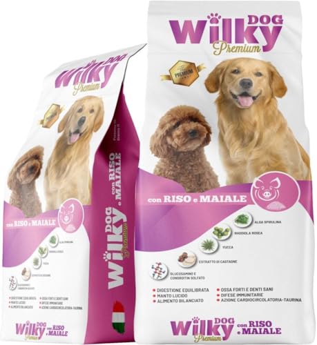 Wilky Dog Premium con Riso e Maiale da 15kg,crocchette alta proteine e bassi grassi