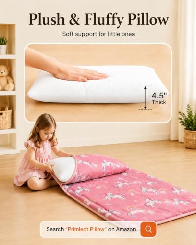 Image of Primlect Toddler Nap Mat with Pillow, Thickened Extra Large Sleeping Bag | 55''x35'' Sleeping Mat with Blanket, Washable, Roll up, Perfect for Daycare, Preschool, Kindergarten, Girls, Unicorn