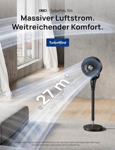 DREO Leiser Standventilator für Schlafzimmer [Verbessert], 27m Luftstrom, Leise, 90° Oszillierend, DC-Motor, 8 Geschwindigkeiten, 3 Modi, 96–106cm Höhenverstellbar, 8H Timer, 105° Manuell Neigbar