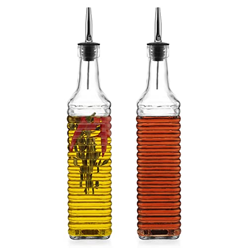 Mosjos Oil And Vinegar Dispenser Set - 17 Oz Ribbed Glass Olive Oil & Vinegar Cruet Set - Non-Drip, Bpa-Free, Dishwasher Friendly Bottles With Stainless Steel Spouts #TOP1