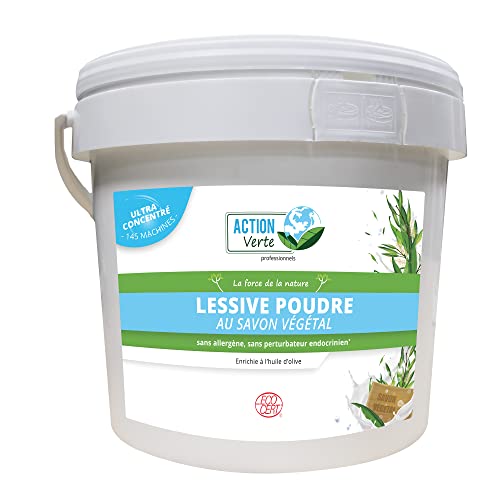 ACTION VERTE - Lessive poudre parfumée concentrée - Elimine toutes les taches - Textiles blancs et couleurs - 145 lavages - Certifié Ecolabel - Sans allergène - Fabrication Française