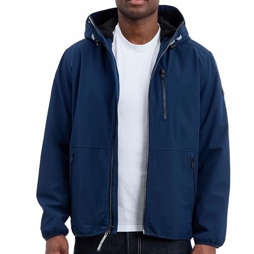 Michael Kors Mens Softshell Jacket with Faux Sherpa Lining, Wind and Water Resistant Jackets for Men, Midnight, Medium