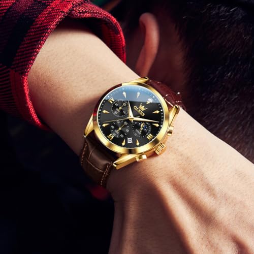 Image of OLEVS Men's Leather Analog Quartz Watch - Luxury Chronograph Wristwatch with Date, Waterproof, Luminous - Dress Style