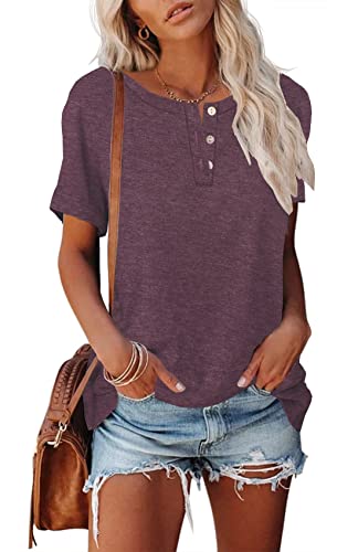 Apofer Women's Casual Short Sleeve T-Shirts Crew Neck Tunic Basic Summer Tops Henry Shirt A-Burgundy #TOP1