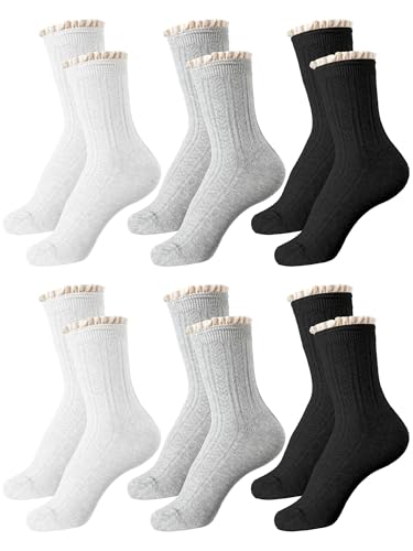 Image of Fourluoo 6 Pairs Breathable Women Ruffle Socks White Black and Gray Frilly Ankle Socks for Women