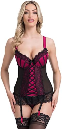 Lovehoney Boudoir Belle Cherry Satin Push Up Basque Styled Corset Lingerie For Women - Sexy Black Bustier Top with G String & Garter Straps - Plus Size Bustier: 14-16