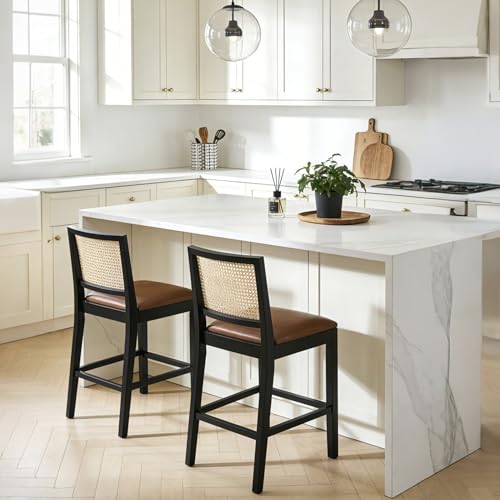 Image of Rattan Counter Height Bar Stools, 25.6'' Modern Counter Stools with Cane Back, Mid Century Bar Chairs for Kitchen Counter /Home Bar /Cafe, Set of 2, Brown
