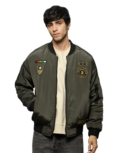 Image of The Souled Store Bomber Jacket: Souled Army Men and Boys Long Sleeves Band Collar Zipper Front Olive Embroidered Polyester Oversized Puffer Jackets