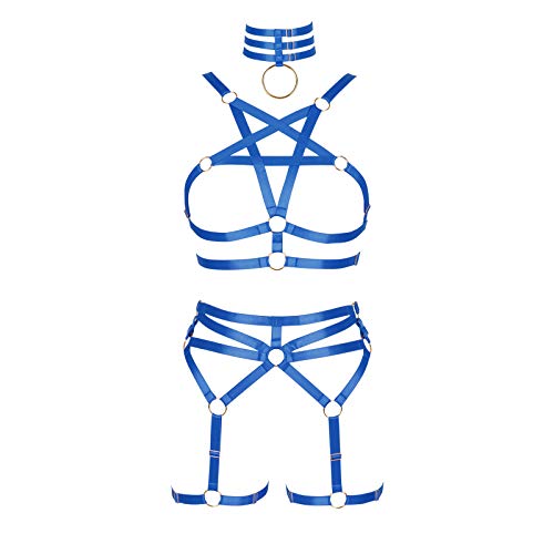 BBOHSS Arnés corporal para mujer con diseño de pentagrama, sujetador punk, liguero, cintura, elástico, gótico, accesorio carnival., azul cobalto, Talla única