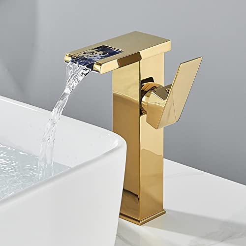 Grifo cascada de lavabo alto para renovar el baño principal con luz LED térmica