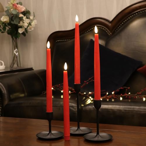 Image of Rhytsing 29cm Flameless Taper Candles with Timer, Battery Operated Dinner Table Long Candlestick Rustic Wax, Warm White LED, 2 Remotes Included - Set of 6 (Red)
